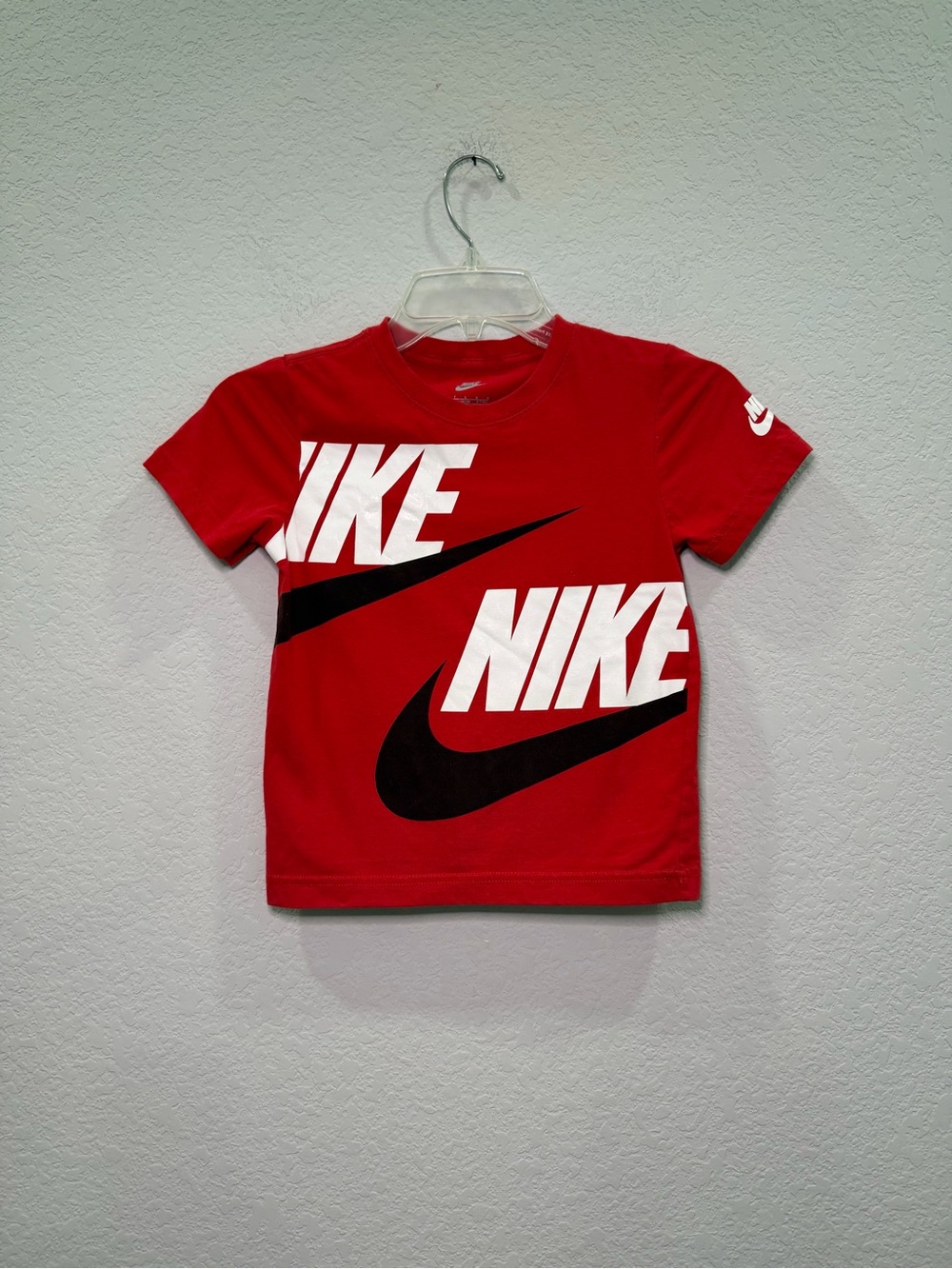 Nike Red Kids Short Sleeve Tee with Bold White and Black Logos - Size 7